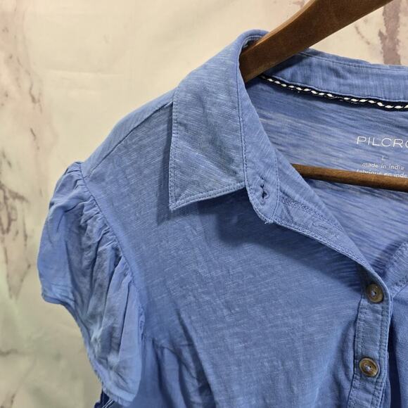 Anthropologie Shirt Womens Large Blue Babydoll Popover Pilcro Tee Poplin Henley - Picture 2 of 11